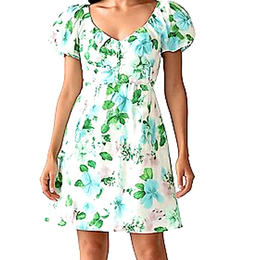 NWT Old Navy Womens Ivory Green Purple Floral Puff Sleeve‎ Mini Dress MEDIUM
